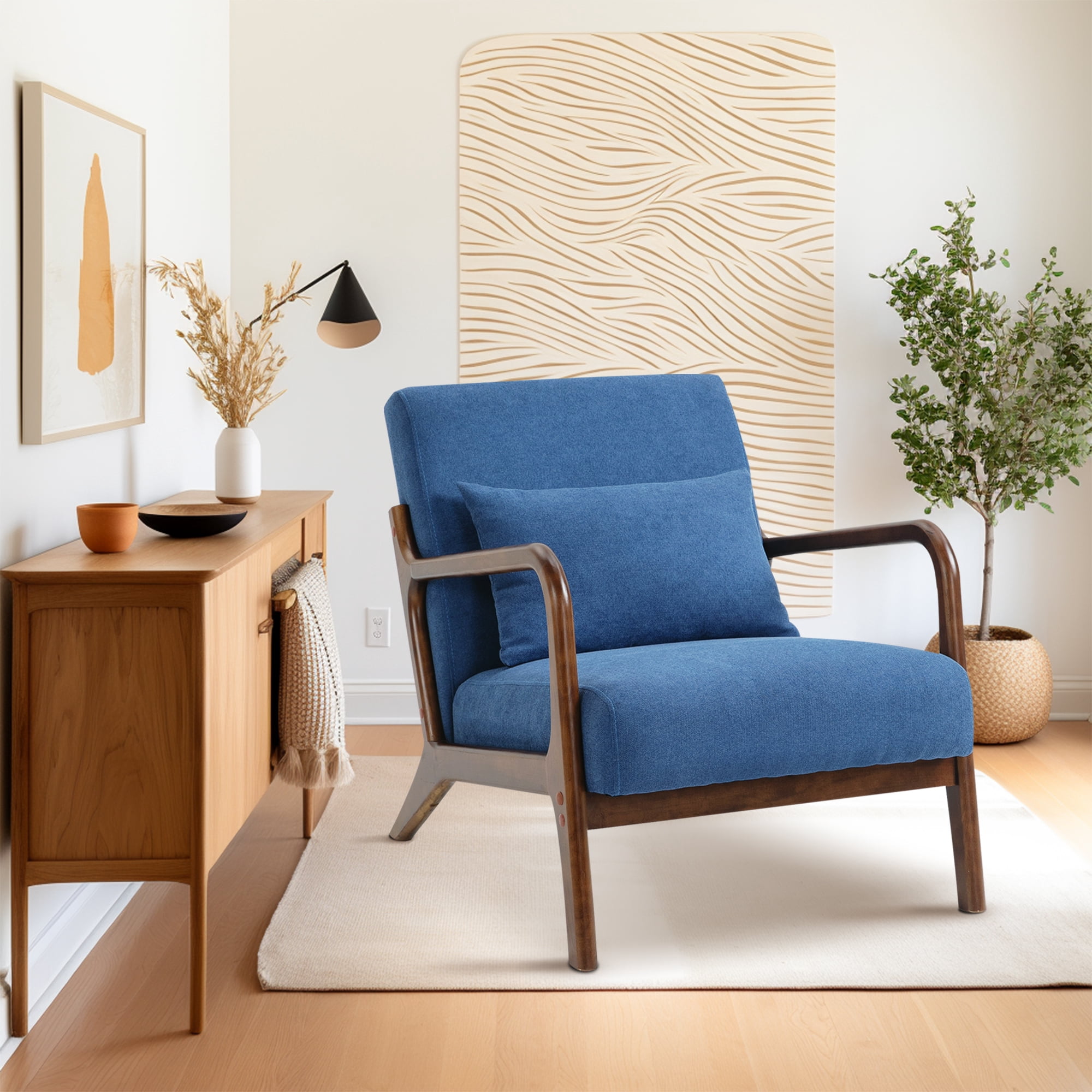 Miniyam Mid Century Modern Accent Chair with Wood Frame, Upholstered Living Room Chairs with Waist Cushion, Reading Armchair,Blue