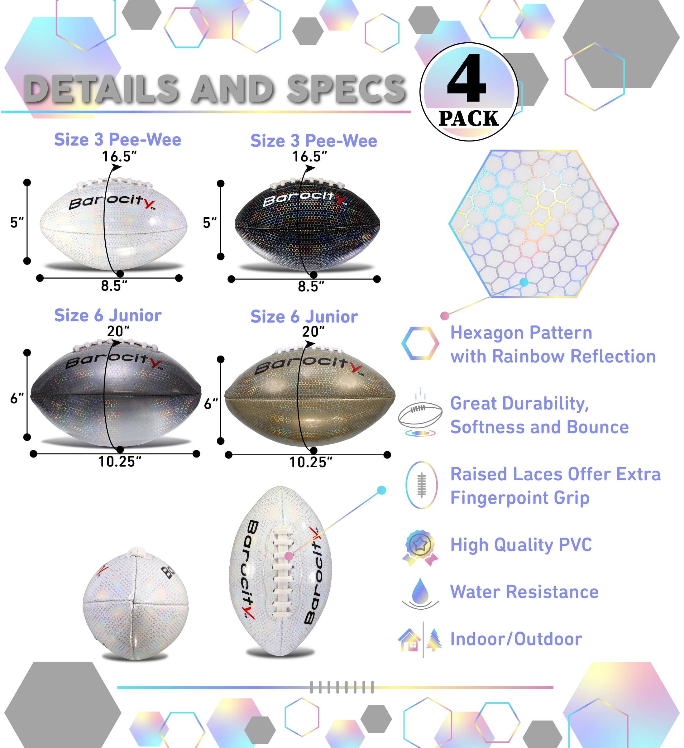 Barocity Footballs for Kids - Reflective Iridescent Rainbow Hex Pattern Boy and Girl Official Match Football - 4 Premium Durable Training Balls White Size 3, Black Size 3, Silver Size 6, Gold Size 6