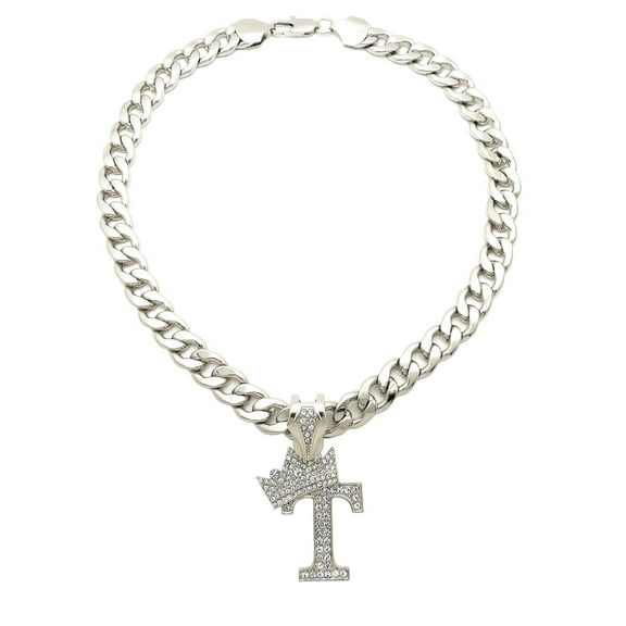 iJewelry2 Kings and Queens Crowned Initial Letter T Crystals Pendant Silver-tone Cuban Linked Chain Necklace