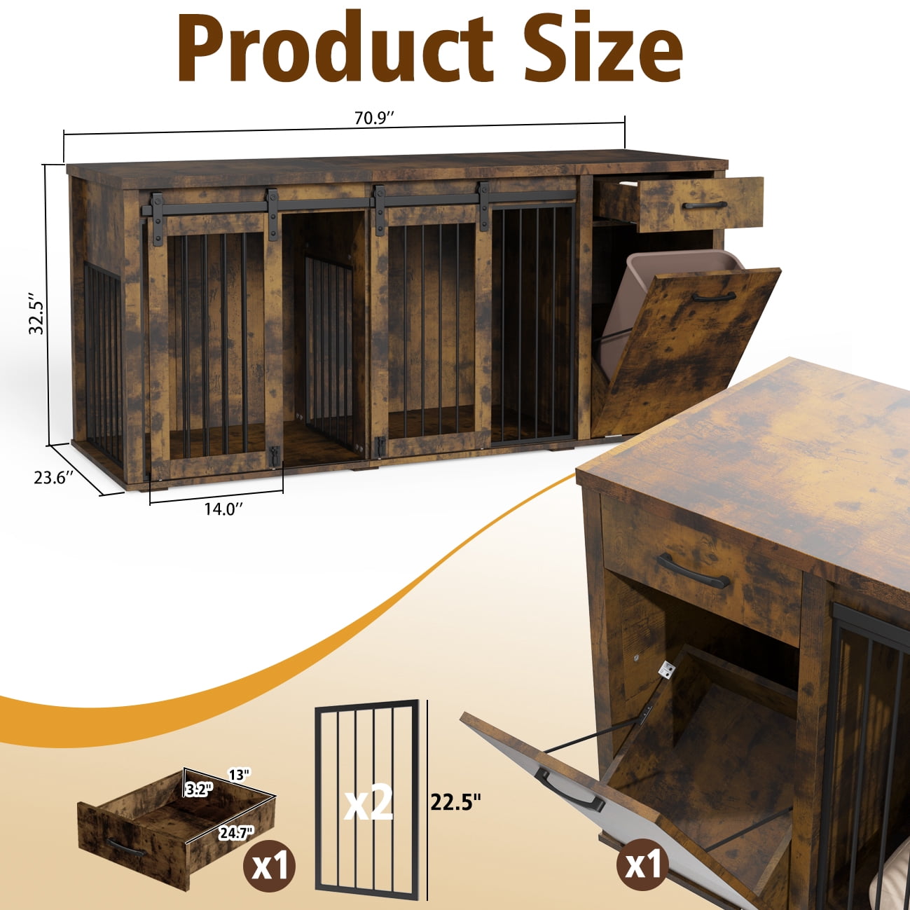 Multi- Functional Dog Crate Furniture for 2 Dogs with Divider and Sliding Doors, Large Dog Kennel with Storage Drawer and Tilt Out Trash Cabinet,Rustic Brown