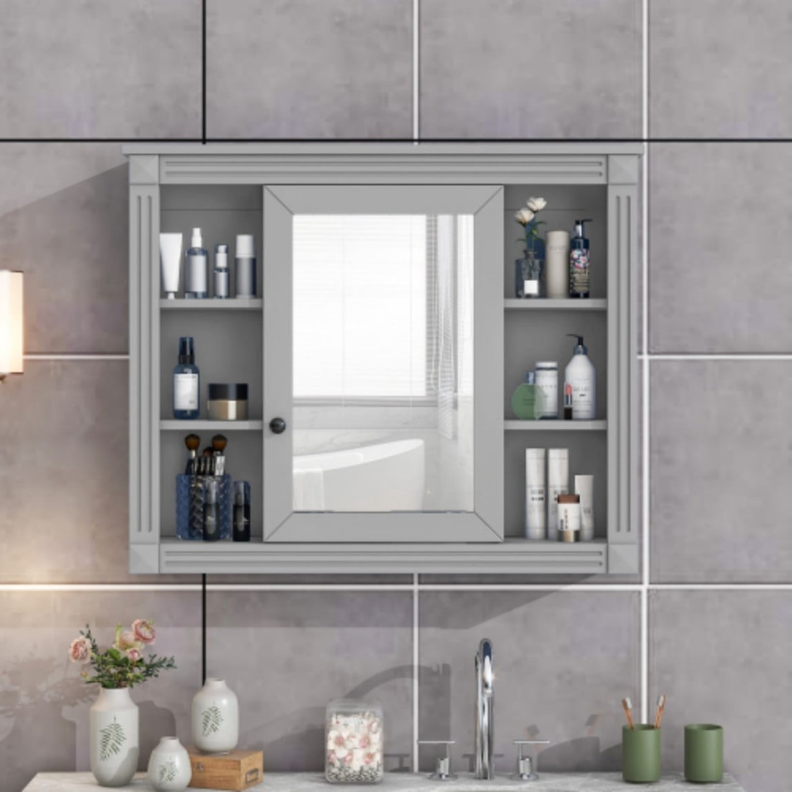 35"x 28" Wall Mounted Bathroom Medicine Cabinet with Mirror, Adjustable Shelves, Open Storage, Towel Bar, MDF Bathroom Storage Cabinet, Grey