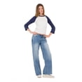 thumbnail image 2 of Forever 21 Women's Navy Blue & Ivory Varsity Raglan Crew Neck 3/4 Sleeve Top, for Casual Everyday Style, M, 2 of 6