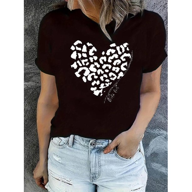 Women'S Casual Crew Neck T-Shirt, Polyester Blend, Medium Stretch, Geometric Leopard Heart Print, Knit Fabric, for All-Season Comfort Tee