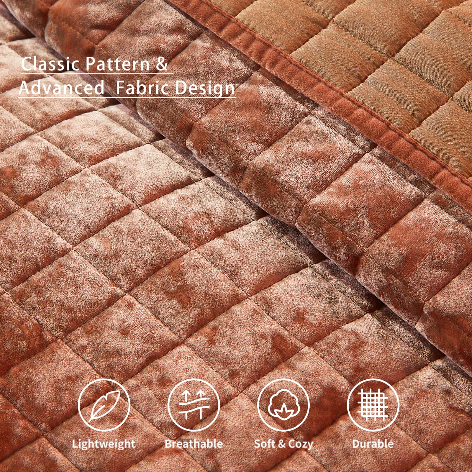 Velvet Quilt King Size-98''x106'', Lightweight Burnt Orange Velvet Comforter Set with 2 Pillow Shams, Soft Bedspread Coverlet Quilted Bedding Set for All Season