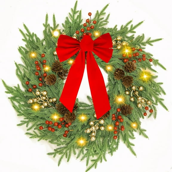 Outdoor Prelit Christmas Wreath，26”Ornament Christmas Decor Wreath, Artificial Christmas Wreaths with Bow, Berry, for Front Door, Windows, Indoor Outdoor Holiday Christmas Decorations