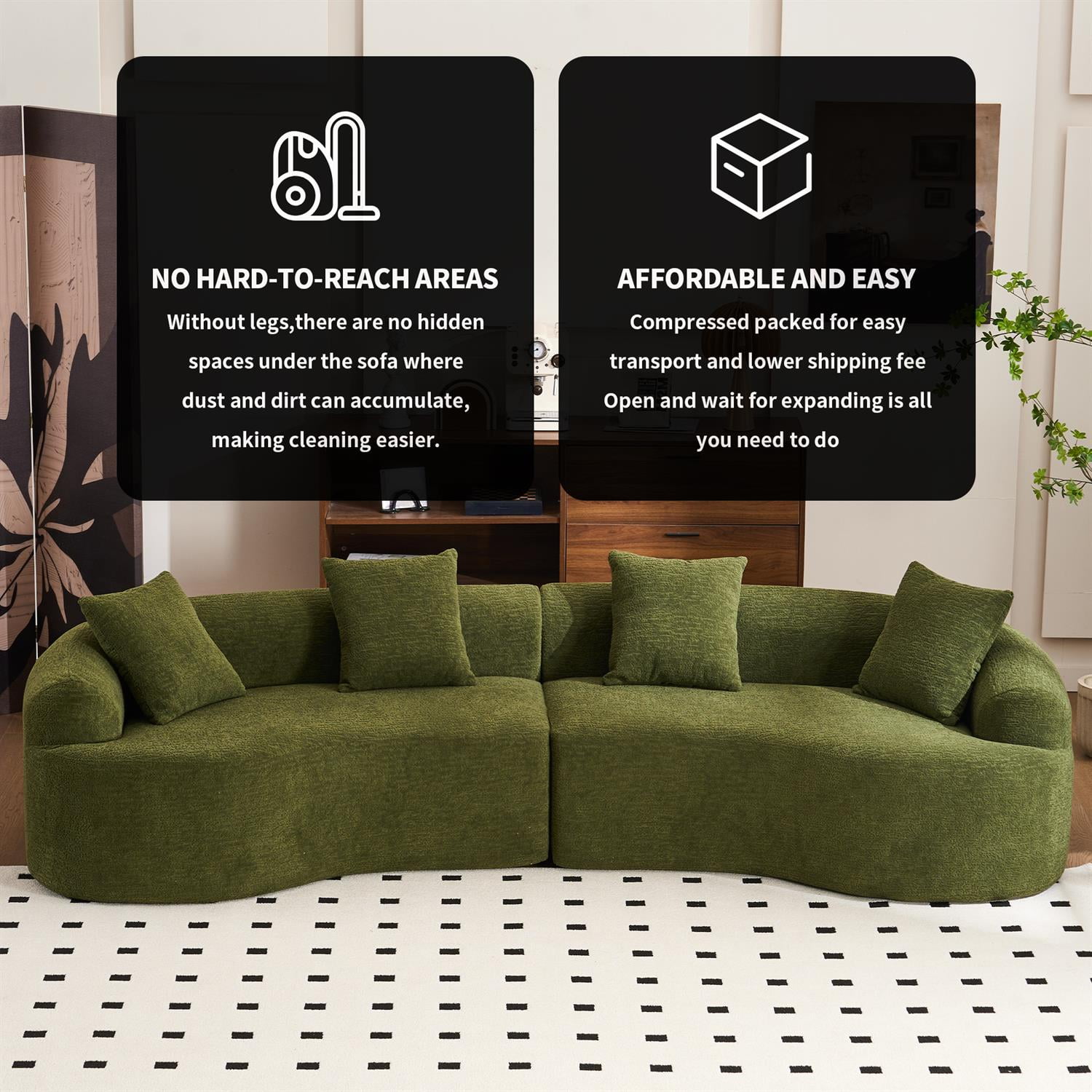 Demi Bonn 110"L Modular Sectional Sofa with Full Compression Sponge, Curved Design, High-Density Chenille Sleeper Couch for Living Room, 800 lbs Capacity, Green