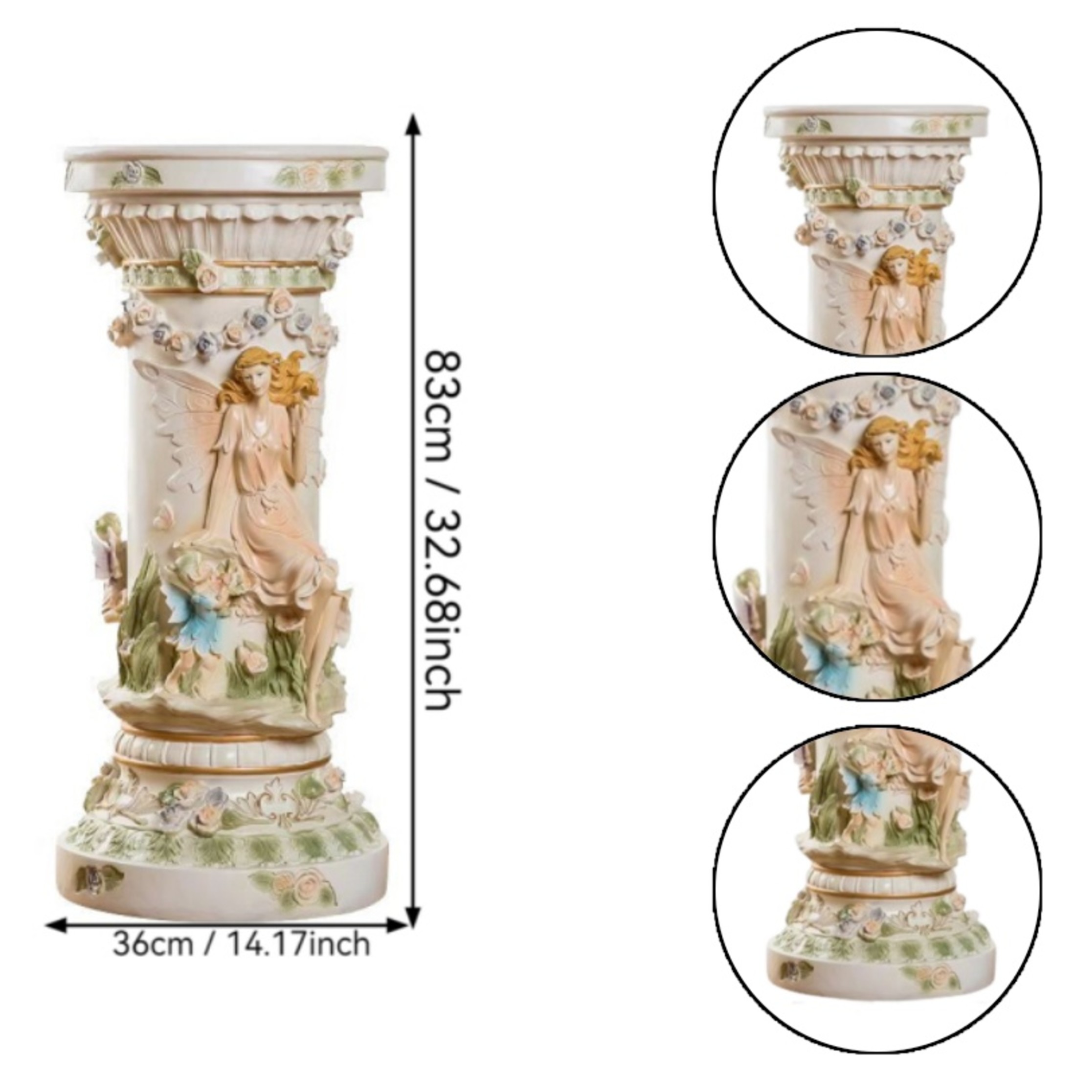 GDF Studio 32" Vintage Fairy & Floral Carved Roman Column Pedestal, Garden Display Stand for Statues & Ornaments