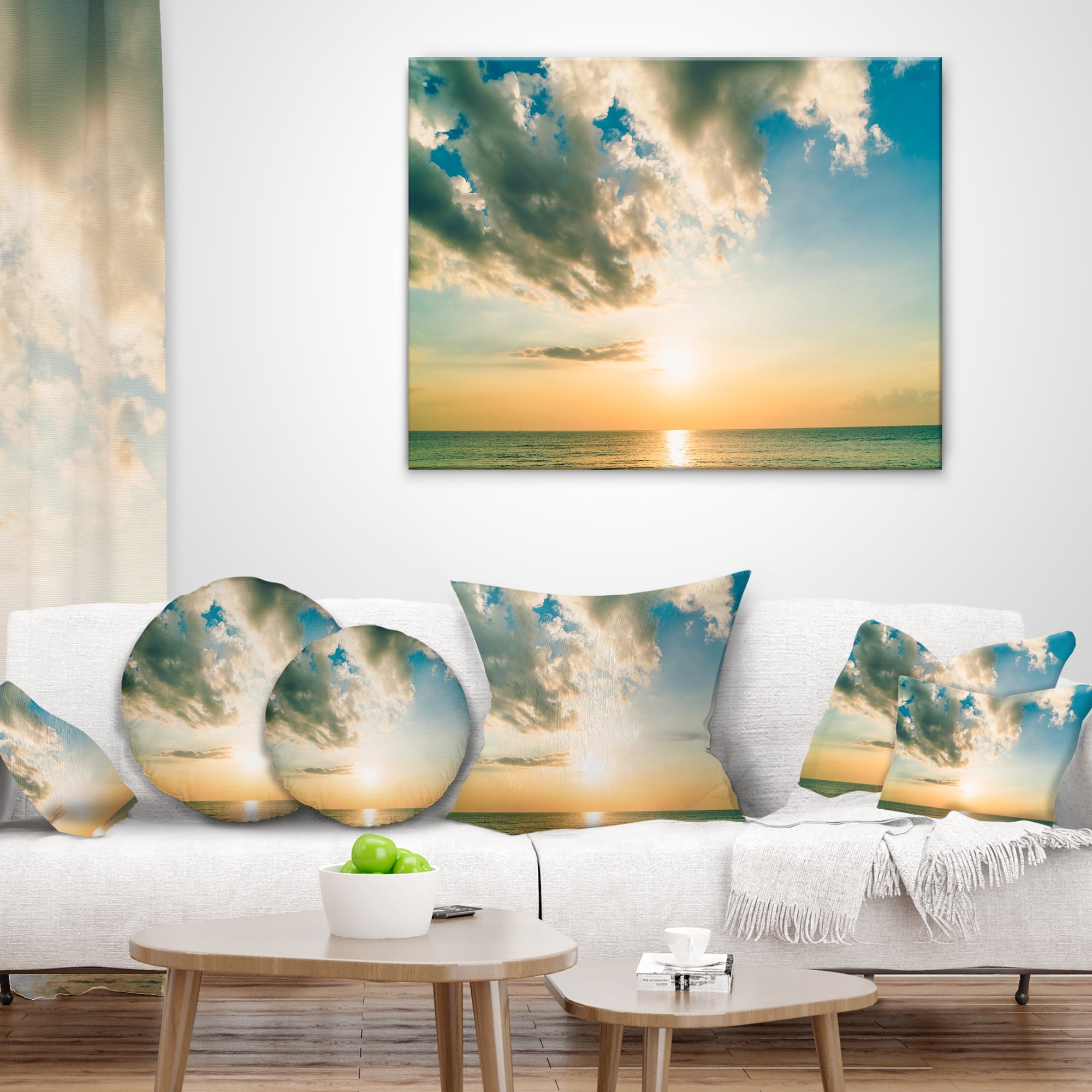 Designart Clouds Together Over Blue Seashore - Seascape Throw Pillow - 12x20