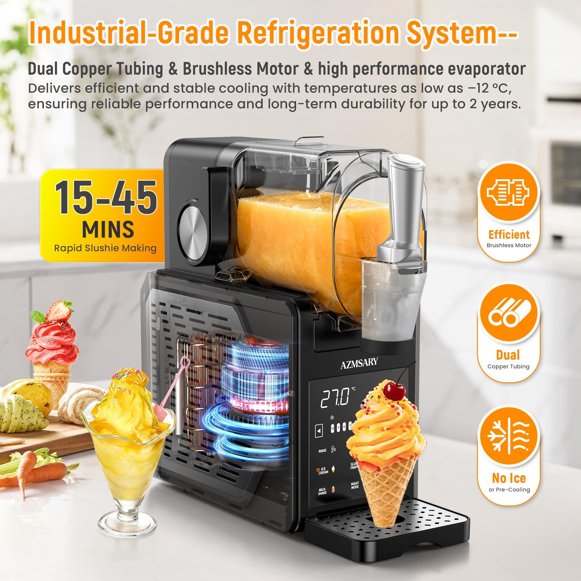 Slushie Machine, Ice Cream Maker, Slushy Machine for Home, No Ice Needed with Rapid Chill & Temperature Control, Self- Cleaning, Perfect for Frozen Margaritas, Frappes