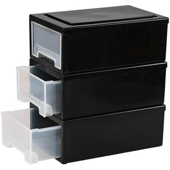 6 Quart Black Storage Drawers for Desktop, 3 Pack Stackable Plastic Drawer Unit Box