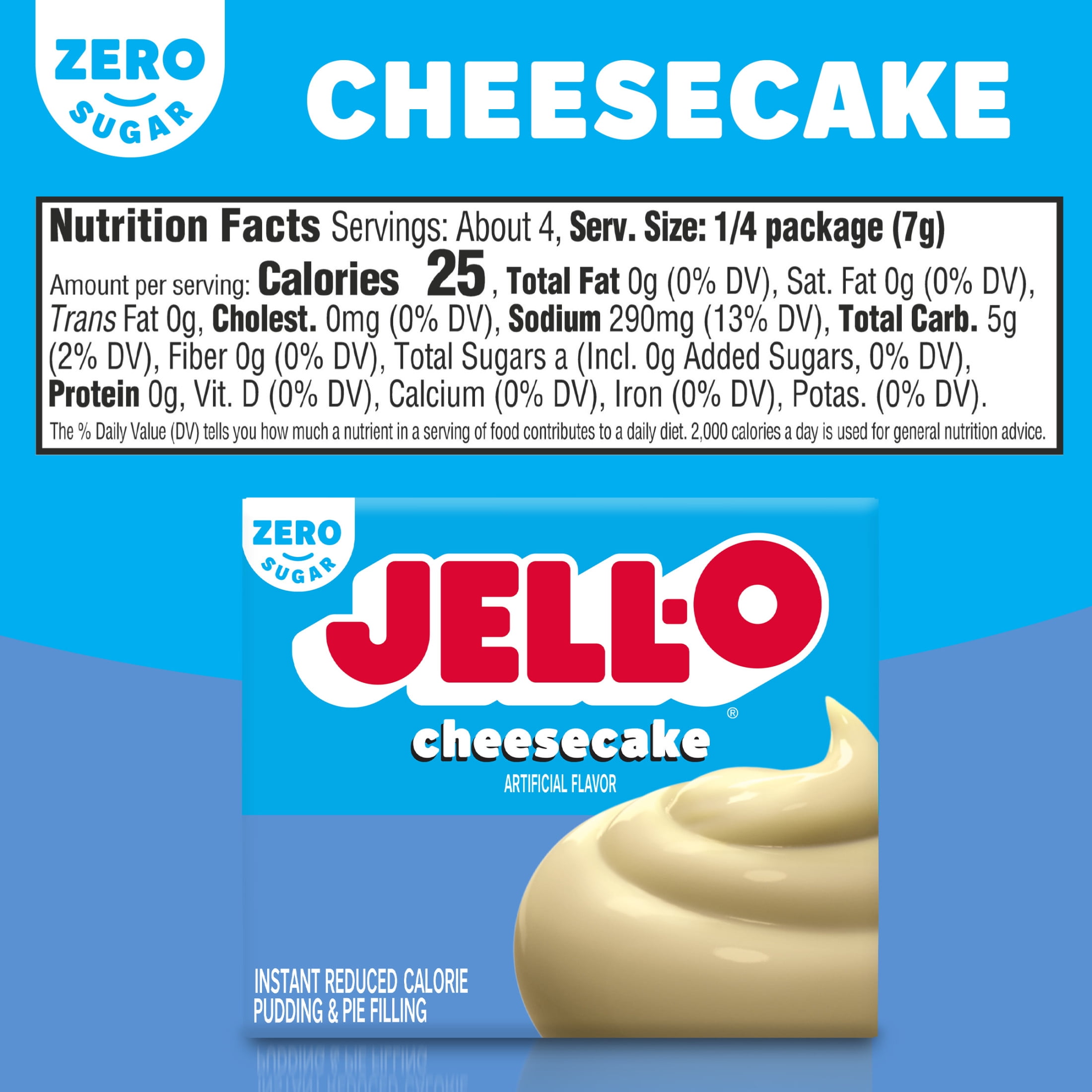 Jell-O Cheesecake Artificially Flavored Zero Sugar Instant Reduced Calorie Pudding & Pie Filling Mix, 1 oz. Box