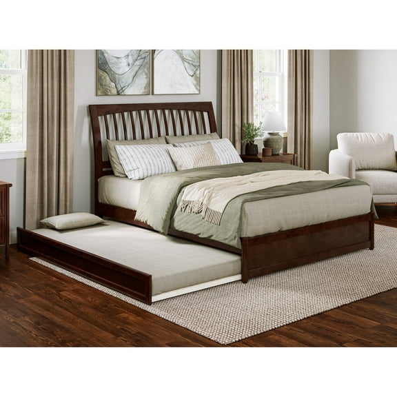 Roslyn Queen Wood Platform Bed with Panel Footboard & Twin XL Trundle in Walnut