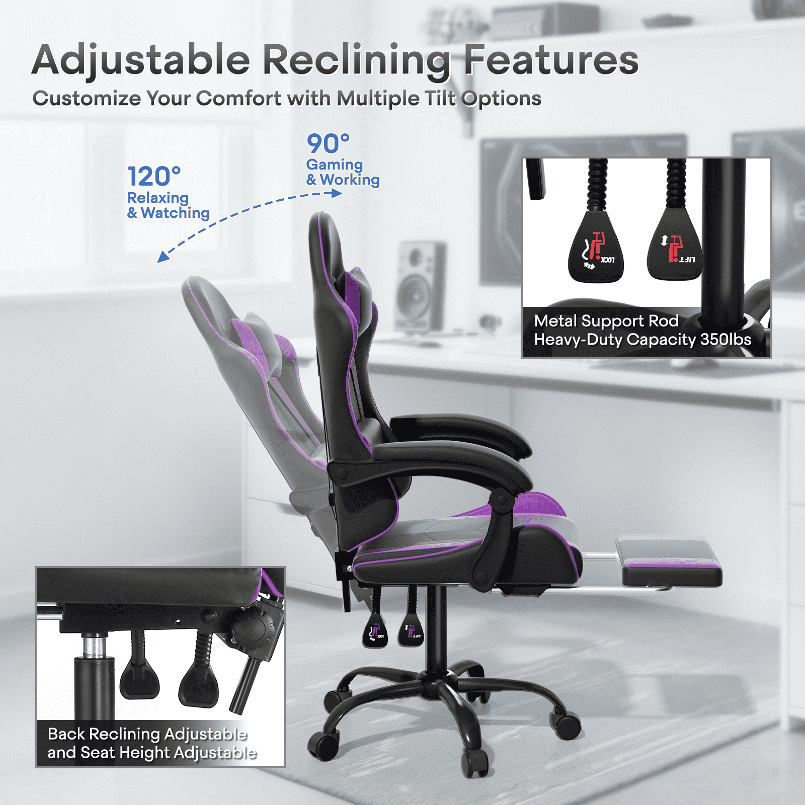 OSM Gaming Chair with Footrest & Headrest, High-Back Ergonomic Computer Desk Chair - Adjustable Lumbar Support, Reclining Office Chair for Adults, 350lbs, Purple