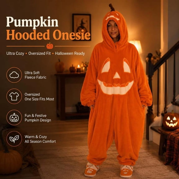 Frostluinai Halloween Pumpkin Jack-O'-Lantern Hooded Cozy Onesie Adult Long Sleeve Full-Body Wearable Blanket Pajamas Loungewear