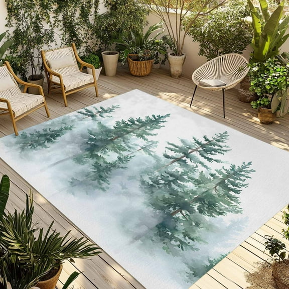 Fsddascl Forest Green Ombre Outdoor Rug for Patio/Deck/Porch, Non-Slip Large Area Rug 4 x 6 Ft, Watercolor Sage Green Trees Indoor Outdoor Rugs Washable Area Rugs, Reversible Camping Rug Carpet
