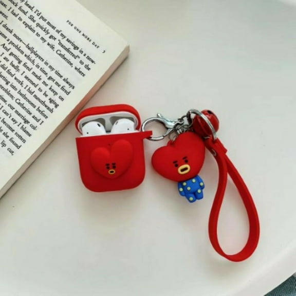 for Apple Airpod 1&2 Case Cover 3D Cartoon Strap Bell Keychain Case Silicone Bluetooth Headset & Earphone Protection, Cute & Stylish Design for Kids, Teens, Girls & Boys (Red)