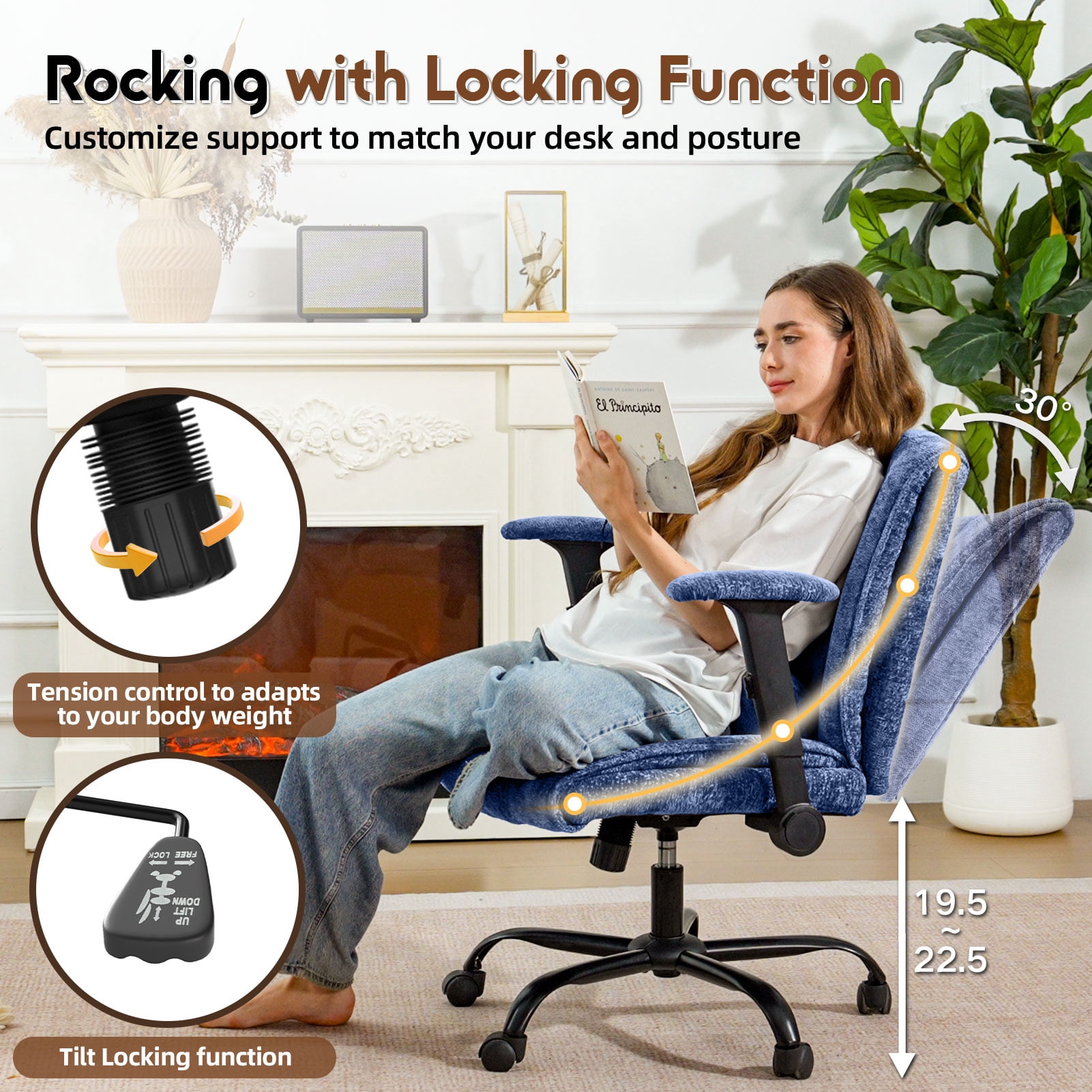zzw Chenille Home Office Criss Cross Chair with Flip Arms, Lumbar Support and Wheels, Blue