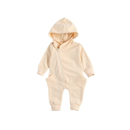 

Luiryare Newborn Solid Color Romper; Infant Casual Style Long Sleeve Hooded Jumpsuit With Pockets