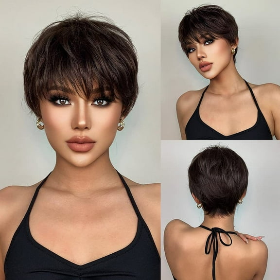 Black-brown Wig With Bangs Synthetic Wigs For Black Women Natural Wave Short Wigs for Women bouncy without fake shine