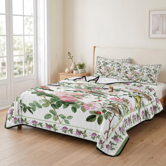3 Piece Summer Bed Quilt Set Queen Size,Spring Pastoral Floral Birds Leaves Lightweight Bedspread Coverlet with 2 Pillowcases Retro Ethnic Style Soft Comforter Bedding Quilts for All Season