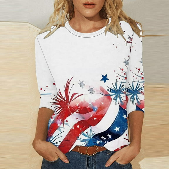 Dianli Star Stripes Patriotic Womens Tops T-Shirts Crew Neck Summer Beach Vacation Loose Fit 3/4 Sleeve Casual Tops Plus Size Patriotic Shirts for Women Up to 60% Off Multicolor L