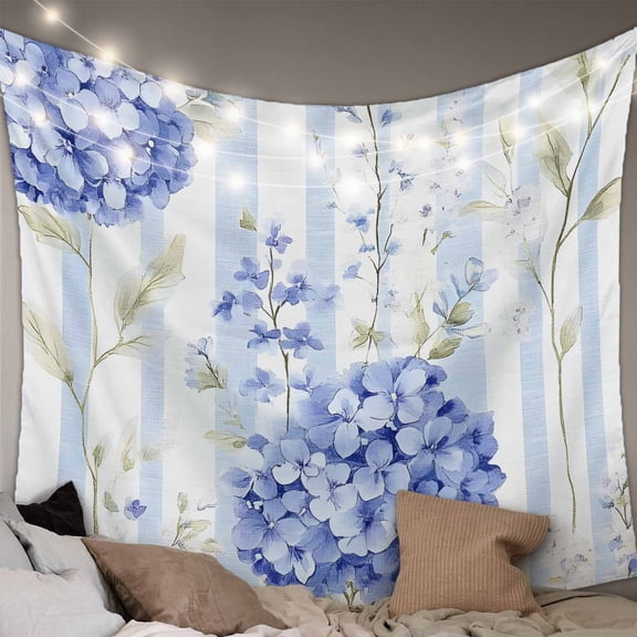 Hydrangea Striped Tapestry for Bedroom Wall Hanging Tapestry, Vintage Floral Botanical Ceiling Backdrop Tapestries Poster Blanket Wall Decor for Teens Room Living Room Dorm 59" x 90"