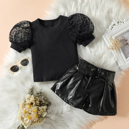 

Hunpta Toddler Kids Baby Girls Tulle Puff Sleeve Ribbed T Shirt Tops PU Leather Lacing Shorts 2PCS Outfits Clothes Set