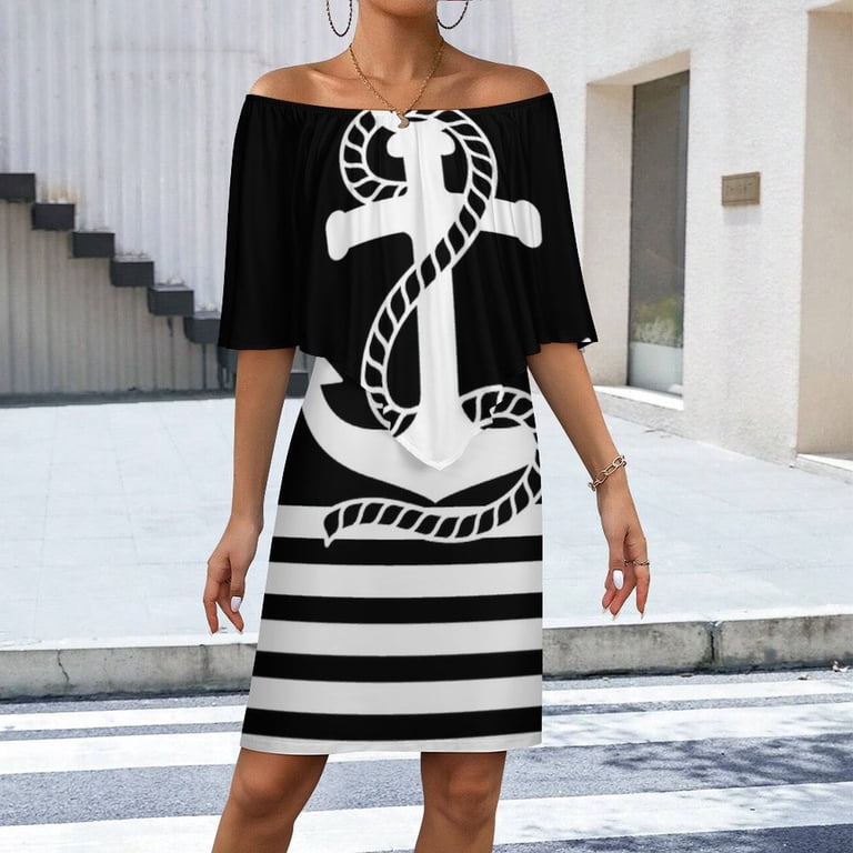 Nautical Black White Stripes And Black White Anchors Women's Off The Shoulder Ruffles Summer Wedding Guest Loose Casual Party Beach Dress - Walmart.com Nautical Black White Stripes And Black White Anchors Women's Off The Shoulder Ruffles Summer Wedding Guest Loose Casual Party Beach Dress - Walmart.com