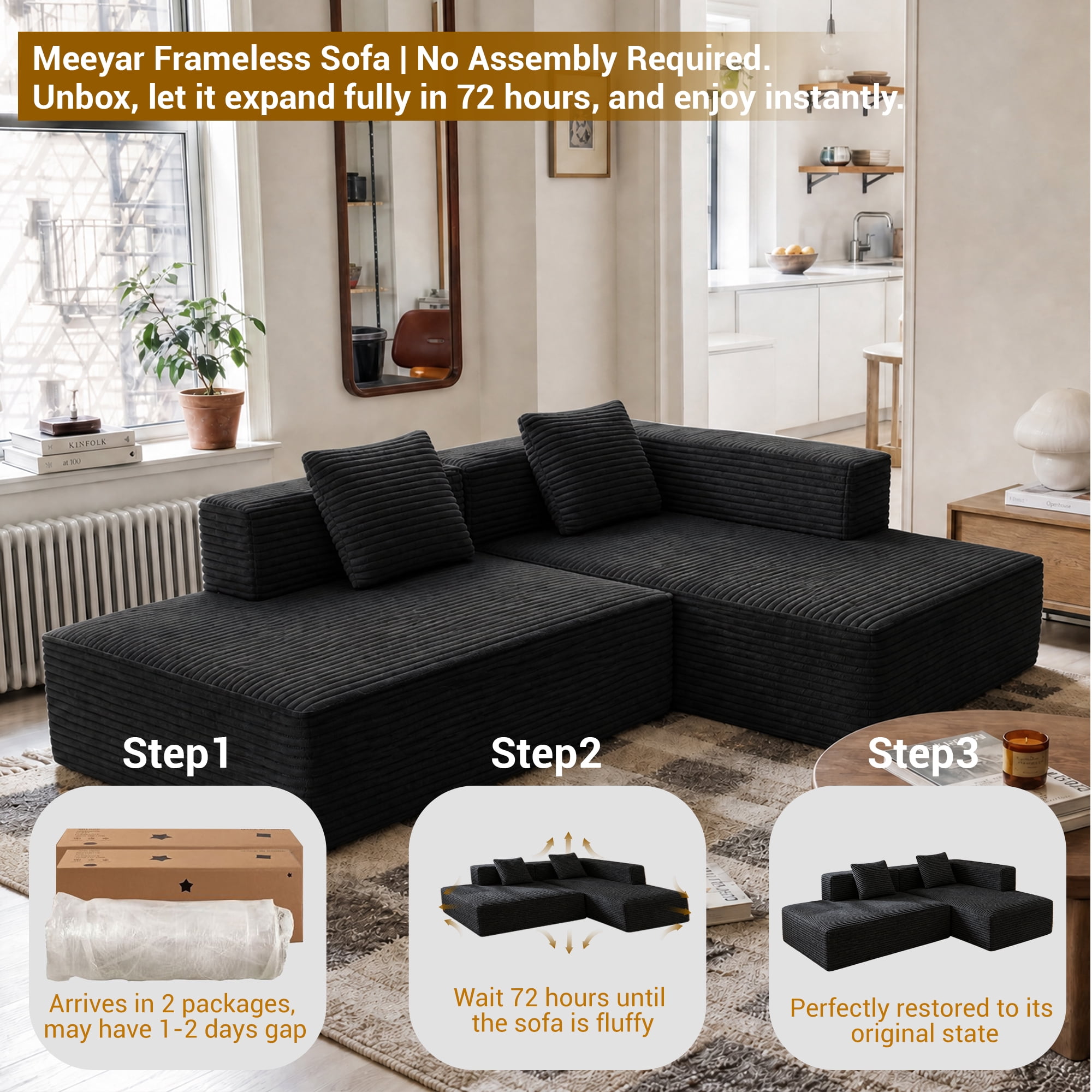Meeyar 91" Boneless Modular Sectional Sofa with L Shaped Chaise, Cloud Couch for Living Room, Carbon Black