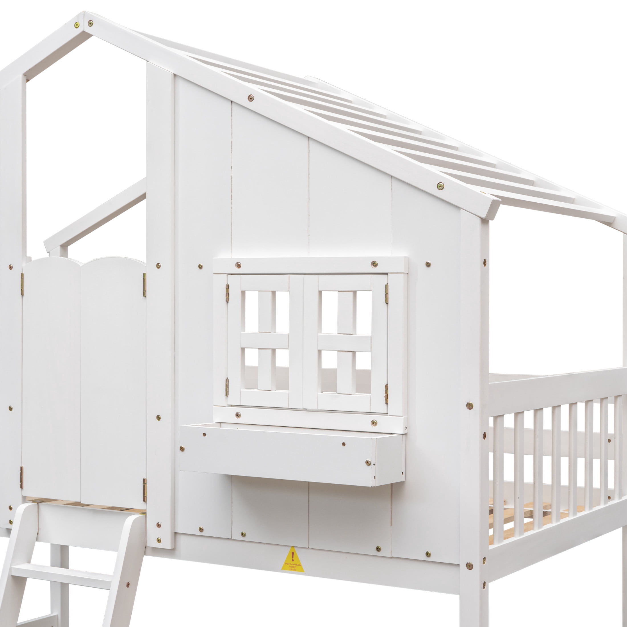 Noble House Twin Over Twin House Bunk Bed, Pine Wood Frame with Safety Guardrails and Ladder, White
