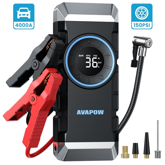 AVAPOW 4000A Jump Starter with Air Compressor, 150 PSI Tire Inflator, Car Battery Booster for 10.0L Gas & 8.0L Diesel, 12V Portable Emergency Tool with LED Light