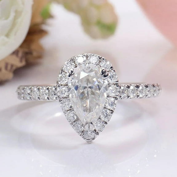 solitaire jewels 1.35CT Pear Moissanite Halo Engagement Ring For Women, 14K Yellow Gold