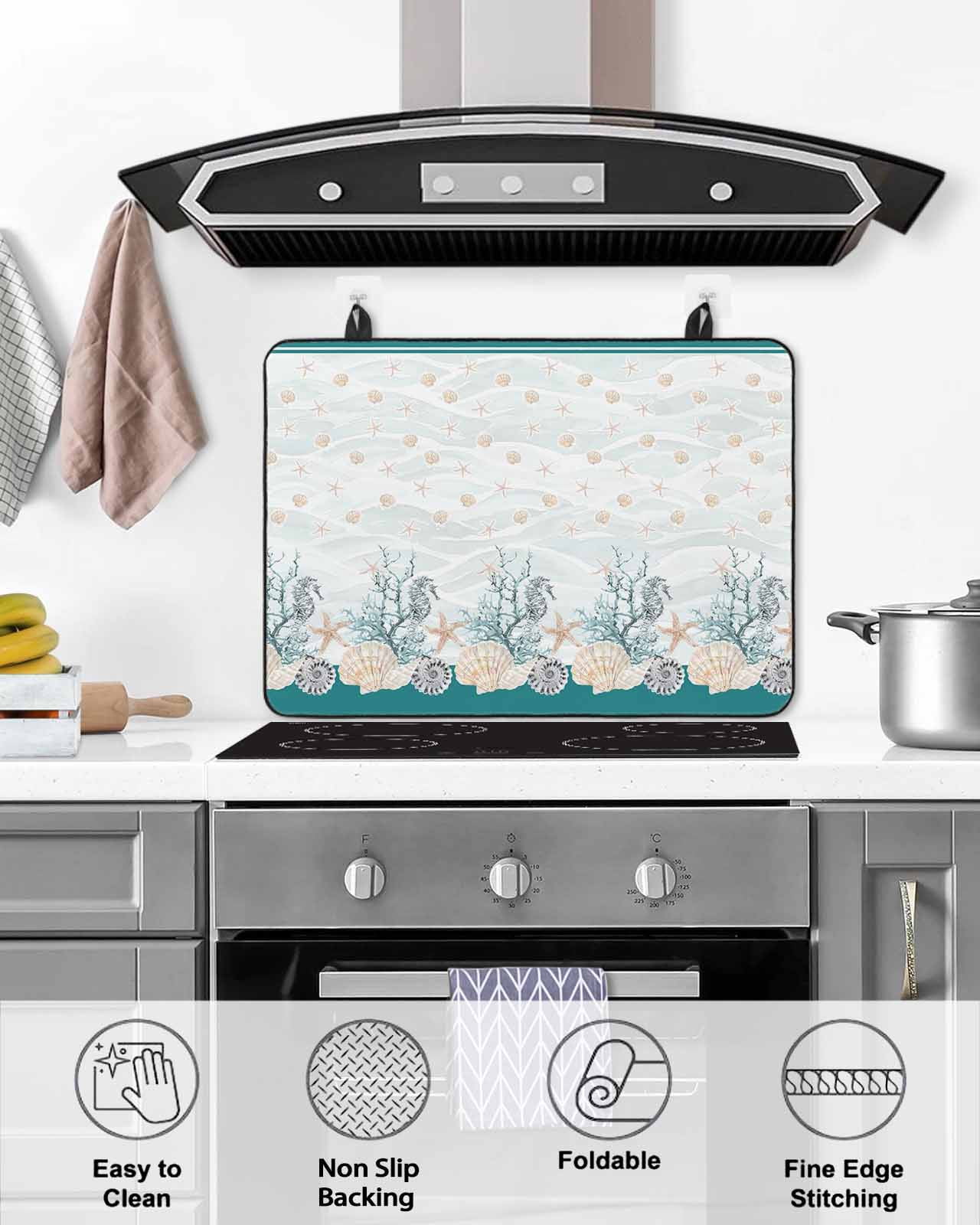nqOlkjepod Large Induction Cooktop Protector Mat 24"x21", Turquoise Shell Stove Top Covers for Electric Stove, Rustic Coastal Nautical Ocean Animals Stove Burner Cover Mats, Glass Top Stove Cover
