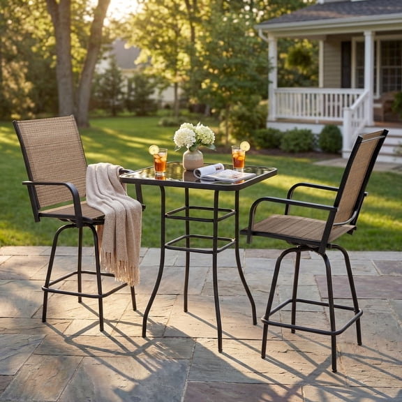 Homall 3-Piece Bar Height Patio Bar Set, 2 Swivel Textilene Stools with Tempered Glass Top Table, Weather Resistant Steel Frame, for Balcony Garden Poolside, Beige