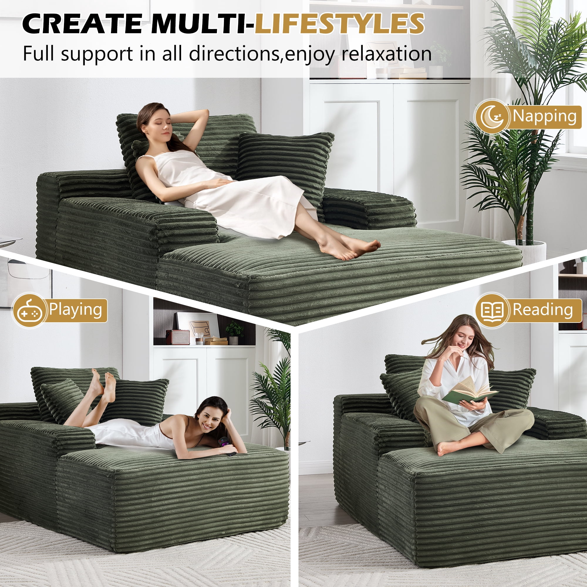 Gewnee Oversized Corduroy Sofa Bed, No Assembly Required, Sturdy & Durable, Equipped with 3 Soft Pillows, Ideal for Living Room，Green