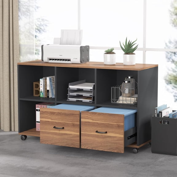Tribesigns Mobile Lateral File Cabinets with 2 Drawers and 4 Storage Cubes (Brown and Black)