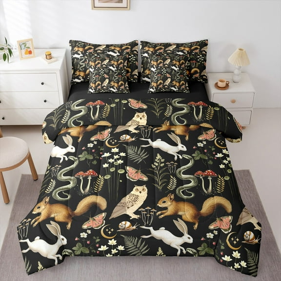 Manfei Boho Jungle Animal Twin Bedding Sets 7-Piece for Child, Squirrel Fox Butterfly Bedding Comforter Set, Rustic Farmhouse Reversible Sheet Sets, Ultra Soft Home Decor