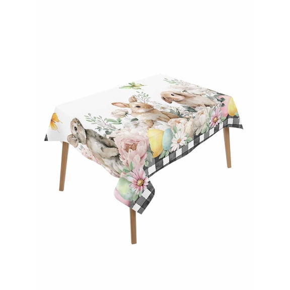 Easter Bunny Rectangle Tablecloth, Spring Botanical Flowers Flowers Eggs Check Waterproof & StainResistant Tablecloth, Washable Oil-proof Table Cover for Dining/Party/Wedding/Camping/Buffet 52x70 In