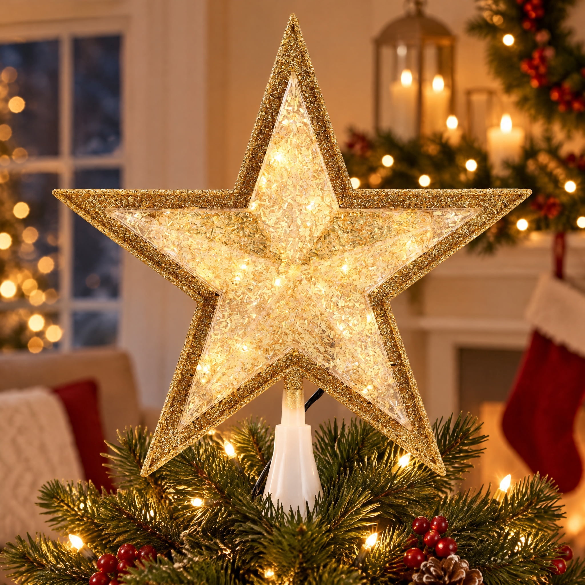 LED Glitter Star Christmas Tree Topper, Gold, 10.75", by Holiday Time