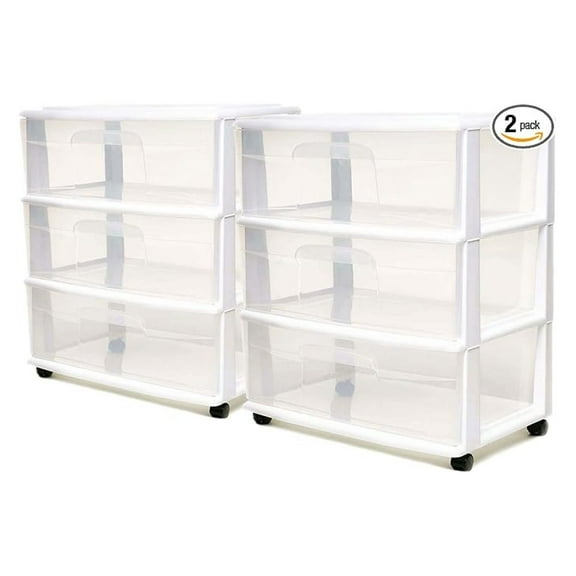 Plastic Storage Drawer Cart 2-Pack, 3-Tier Wide Organizer with Wheels - White Frame, Clear Bins for Home, Office, Bedroom, Bathroom, Classroom Storage