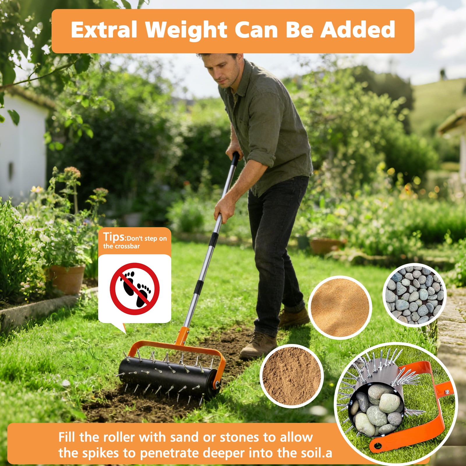 ROMUCHE Rolling Lawn Aerator - 42 Spikes with Spiral Design, 71" Adjustable Handle Manual Push Aerator Lawn Tool for Compacted Soil in Yard, Grass,Garden, Patio