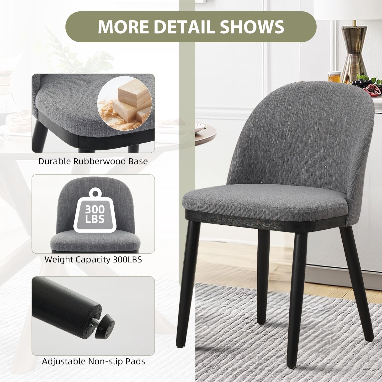 Ataucjin Dining Chairs Set of 2,Modern Fabric Upholstered Kitchen Side Chairs with Curved Backrest and Wood Leg, Armless Dining Chair for Restaurant/Cafe