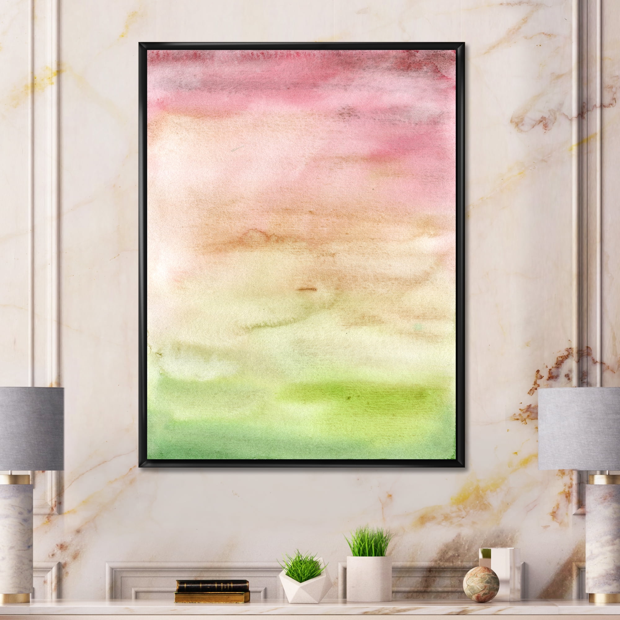Designart 'Abstract Sunset With Pink Green and Beige' Modern Framed Canvas Wall Art Print