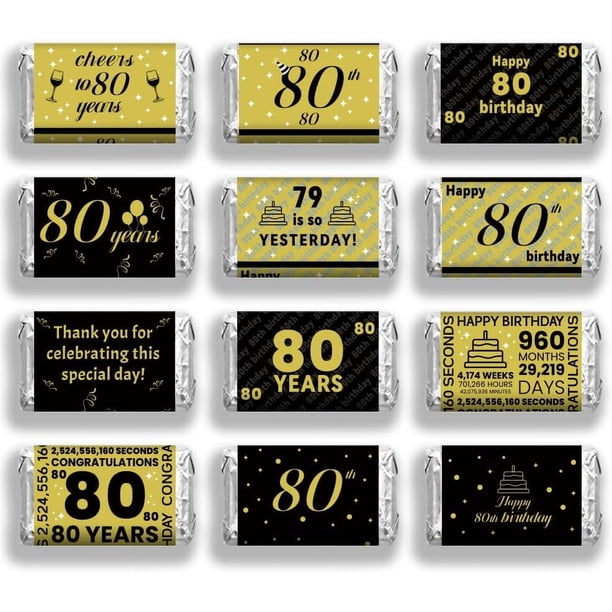 120 unidades de mini envoltorios para barra de caramelos de feliz 80 cumpleaños, pegatinas autoadhesivas para pastel, globo, copas de vino, barra de chocolate