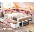 thumbnail image 2 of Full Size Daybed with Storage Bookcase & 6 Drawers, Corner Metal Platform Bed with Charging Station and LED Lights for Bedroom, White & Pink, 2 of 7