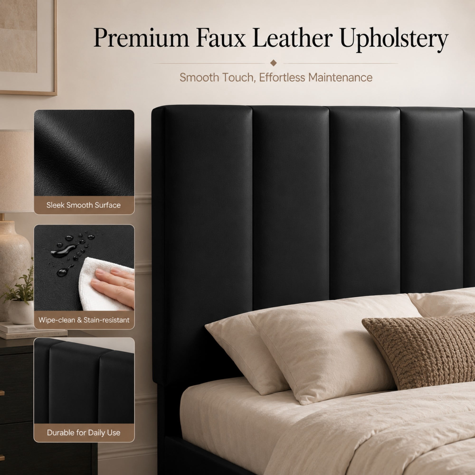 BSHTI Full Size Faux Leather Upholstered Platform Bed Frame with Adjustable Headboard, Wood Slats, No Box Spring Needed for Bedroom（Black）