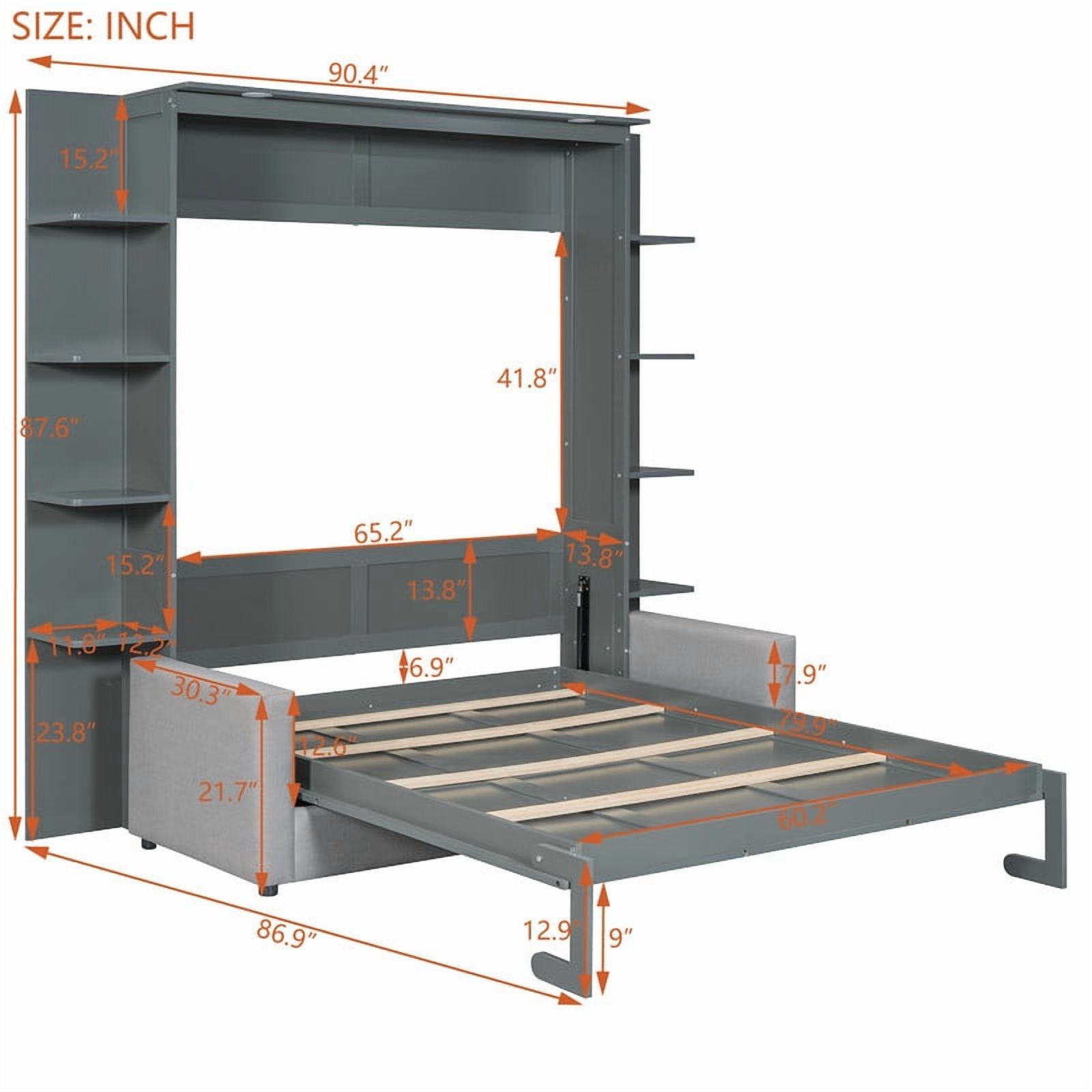 Queen Size Murphy Bed with Sofa, Wooden Wall Bed with Storage Shelves, Folding Platform Bed with Built-in LED Spotlights