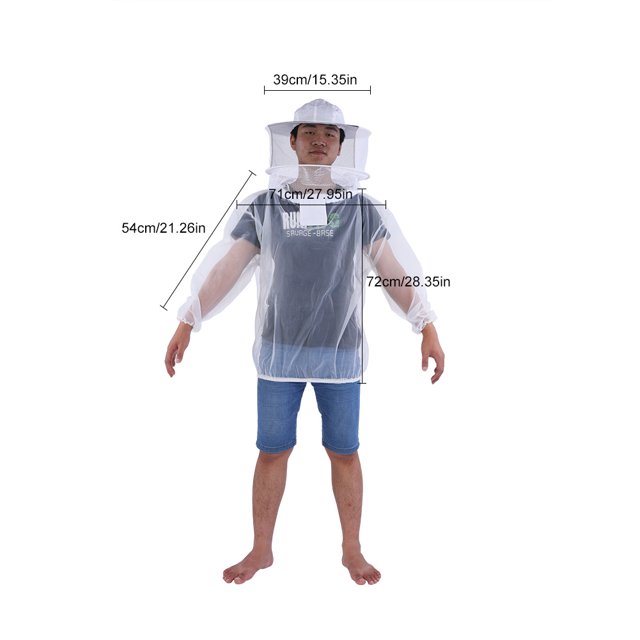 Haofy Beekeeping Jacket Equipment Coat Transparent Beekeeping With Clear View Fencing Hooded Veil. The jacket is made from breathable, ultra-thin premium yarn in a white transparent design. It features a round hat veil with a 39cm diameter, partially unzippable for convenience, and provides protection against bee stings. The jacket measures 72cm in length (excluding the hat), with 54cm sleeves and a 71cm shoulder width. Ideal for beekeeping work or farm visits, it is lightweight at approximately 236g and easy to clean and dry.
