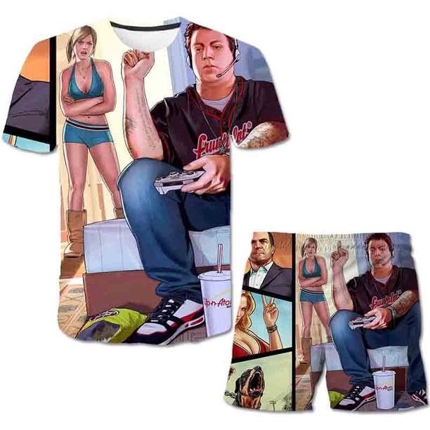 Traje de moda para niño, conjunto de ropa informal de verano, Top corto, 2 uds., conjunto de ropa para bebé, juego Grand Theft Auto, GTA 5, trajes para niños, ropa 12T Gao Jinjia LED