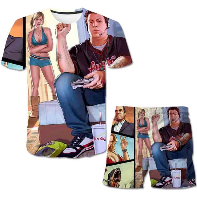 2023 nuevos conjuntos de ropa de Grand Theft Auto para niños y niñas camisetas casuales de dibujos animados pantalones cortos trajes de 2 piezas GTA5 trajes de manga corta 11T Gao Jinjia LED